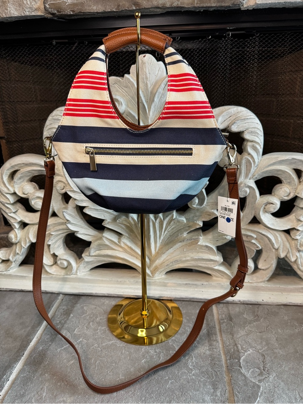 Striped Crescent Shoulder Bag with Brown Trim